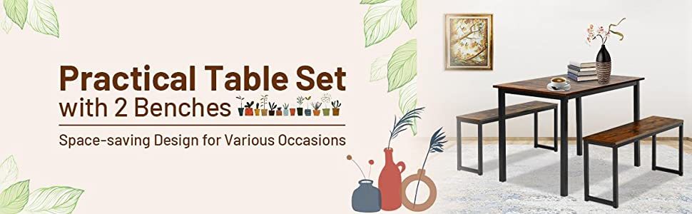 3-Piece Wood Patio Kitchen Dining Table Set with 2 Benches