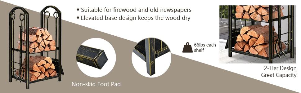 Firewood Rack with 4 Fireplace Tools Set, Wrought Iron Log Rack Wood Storage Firewood Holder for Outdoor Indoor