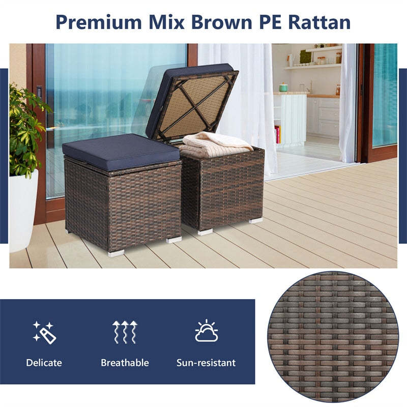 2PCS Wicker Patio Ottomans Hand-Woven PE Rattan Multipurpose Outdoor Footstool Side Table with Removable Cushions & Hidden Storage Box