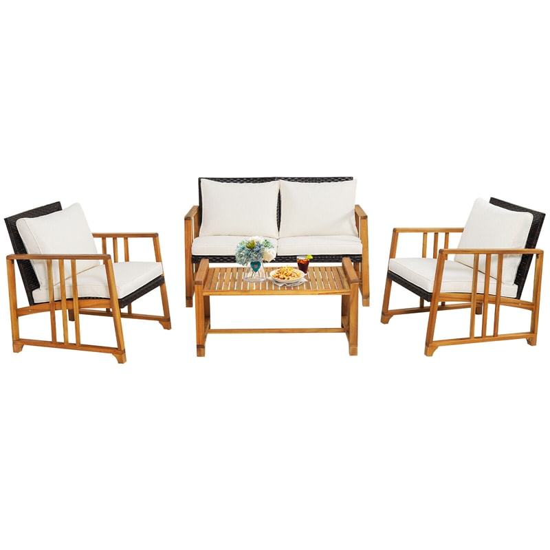 4 Piece Acacia Wood Frame Rattan Patio Sofa Set with Seat & Back Cushions, Wicker Outdoor Conversation Set for Garden Yard