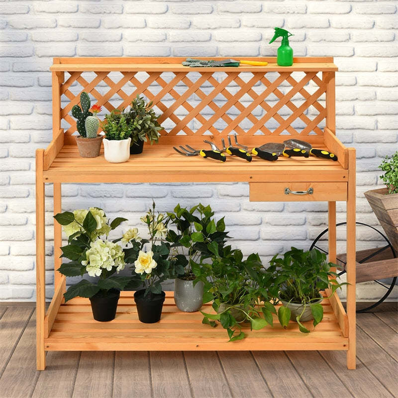 Outdoor Garden Wood Potting Bench Workstation Bench with Storage & Hook