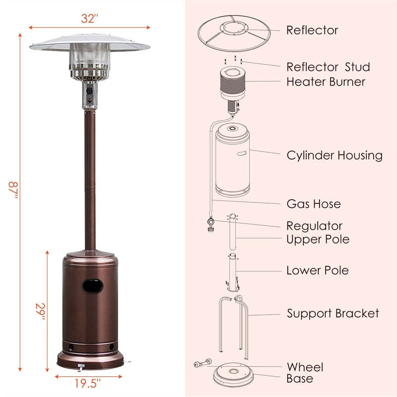 50,000 BTU Propane Patio Heater, Standing Outdoor LP Gas Heater with Wheels, Stainless Steel Burner & Tip-Over Protection for Garden Backyard