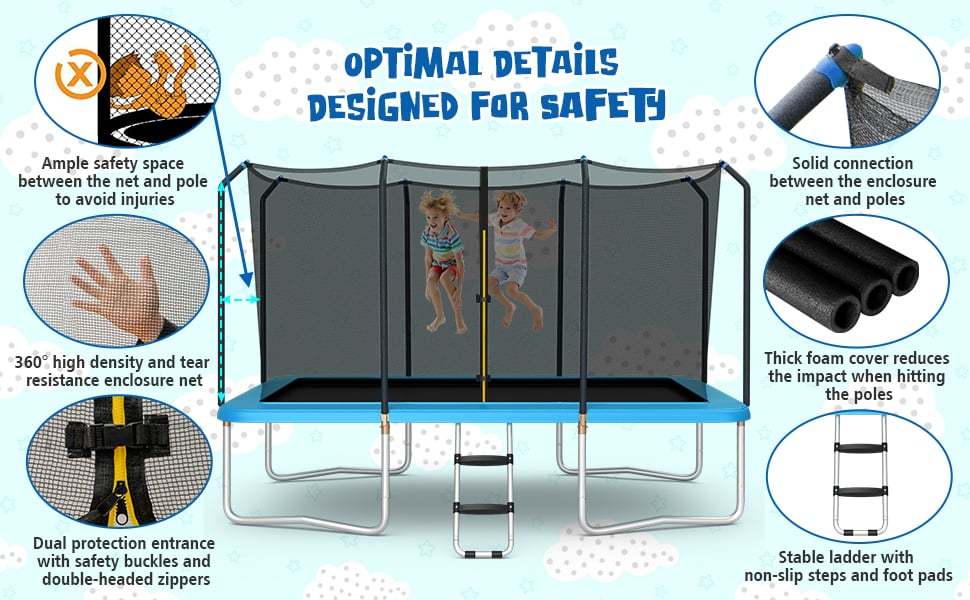 8 x 14FT Outdoor Rectangular Recreational Trampoline with Enclosure Net Non-Slip Ladder for Kids Adults