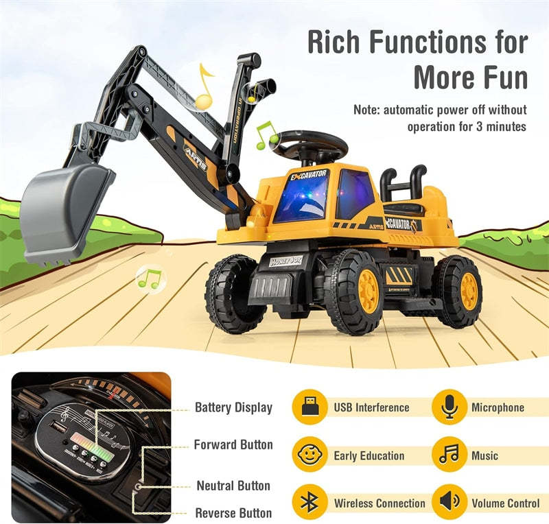 Kids Ride On Excavator 6V Battery Powered Ride On Bulldozer Loader Digger Toy Car Construction Vehicle with Under Seat Storage & Lights