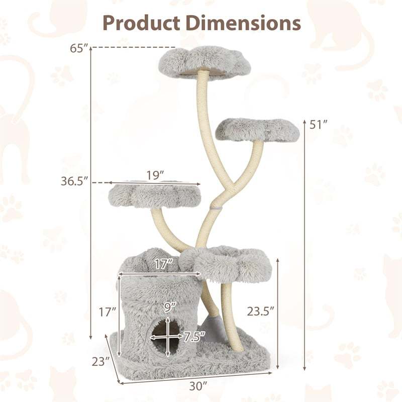 65" Tall Multi-Level Cat Tree, Freestanding Cat Tower w/2-in-1 Cat Condo, Plush Flower Platforms & Sisal Scratching Posts for Large Indoor Cats