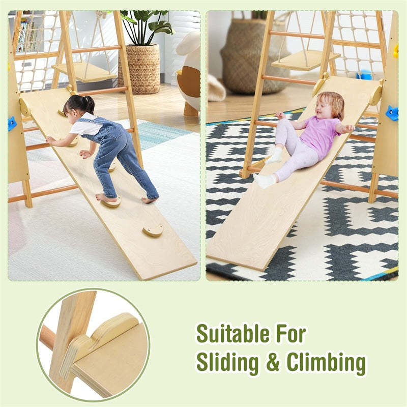 8-in-1 Kids Indoor Jungle Gym, Wooden Montessori Playground Climbing Playset with Slide, Swing, Monkey Bars, Rope Ladder for Boys & Girls