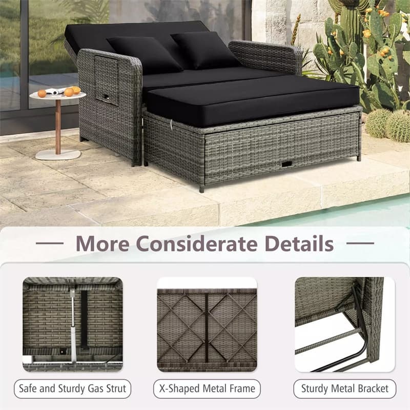 Patio Rattan Daybed Set Wicker Loveseat Sofa with Multipurpose Storage Ottoman, Seat & Back Cushions, Retractable Side Tray, Adjustable Backrest