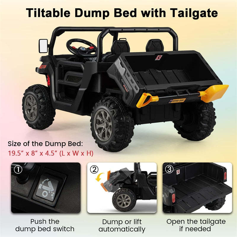 12V 2 Seater Ride On Dump Truck Kids UTV Car with Remote Control Electric Dump Bed Shovel Rocking Function