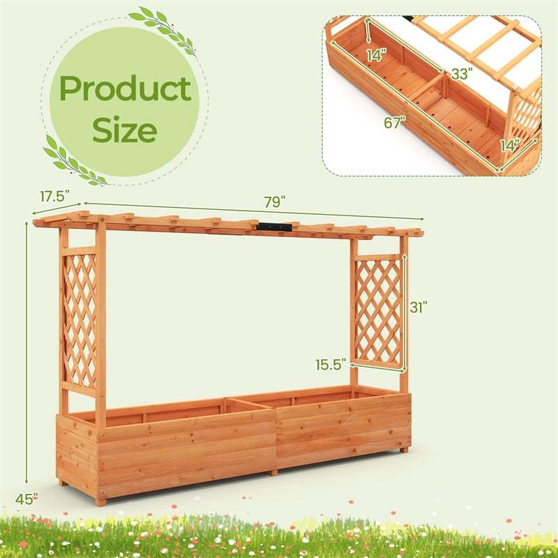 Raised Garden Bed with 2-Sided Trellis, Hanging Roof, Drainage Holes, Standing Fir Wood Planter Box for Flowers, Herbs, Climbing Vines, Garden Patio