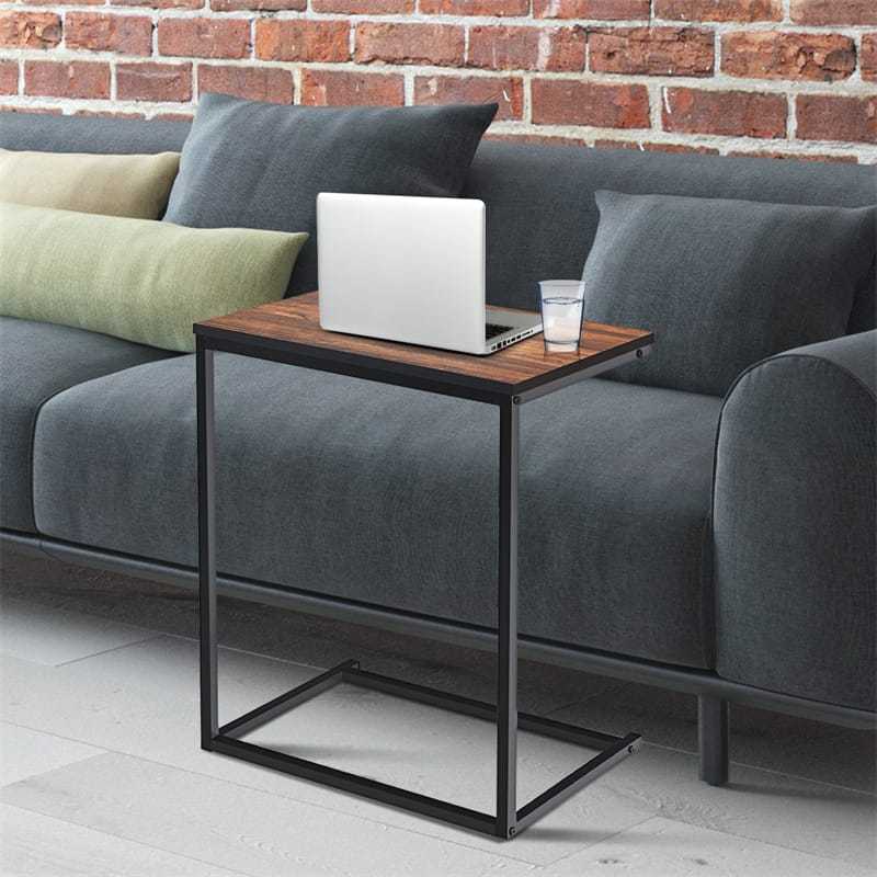 Sofa Side Table, C-Shaped End Table with Wooden Top & Steel Frame, Vintage Couch Table for Coffee, Laptop, Snack, Living Room TV Tray Table