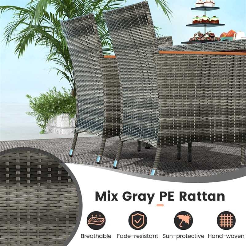 7 Piece Rattan Patio Dining Set with Umbrella Hole Acacia Wood Table, 6 Cushioned Armchairs, Outdoor Wicker Dining Table Set with Cushions for 6