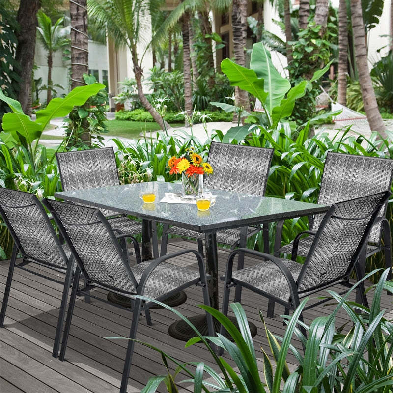 Outdoor Stackable Chairs Set of 6 PE Wicker Patio Dining Chairs with Armrest Sturdy Steel Frame & for Garden Yard Deck Lawn