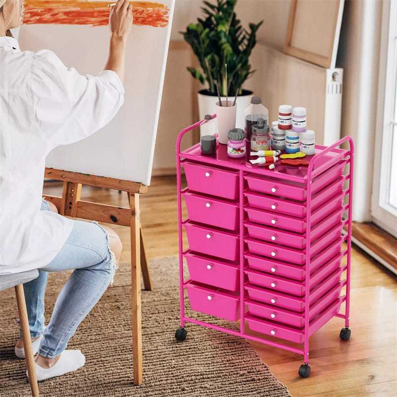 15-Drawer Rolling Storage Cart, Art &  Craft Organizer with Wheels & Removable Drawers for Tools, Scrapbook Paper, Home Office School