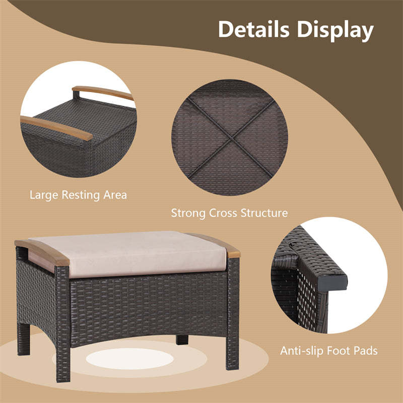 2PCS Patio PE Rattan Ottomans w/ Acacia Wood Handle & Removable Cushion, 3-in-1 Wicker Outdoor Footrest Seat & Side Table for Poolside, Backyard