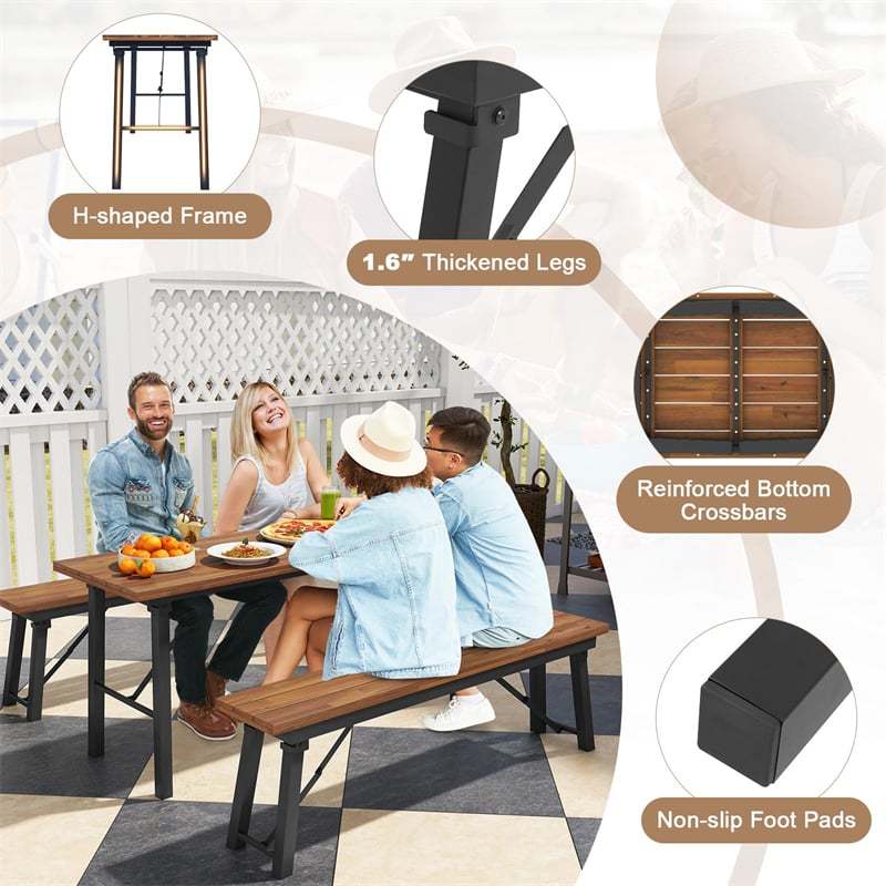 59" Outdoor Folding Picnic Table with Acacia Wood Top & Metal Frame, Portable Rectangular Dining Table for Garden, Yard, Patio & Indoor Activities