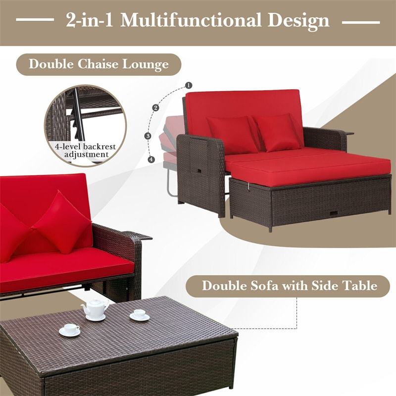 Patio Rattan Daybed Set, Outdoor Wicker Loveseat Sofa w/Multipurpose Ottoman, Retractable Side Tray, 4-Level Adjustable Backrest & Cushions