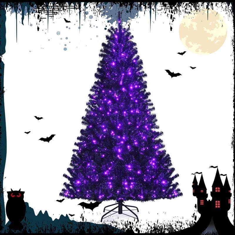 7FT Pre-Lit Black Christmas Tree with 500 Purple LED Lights, 1096 Branch Tips & Metal Stand, Hinged Artificial Halloween Tree for Holiday Decor