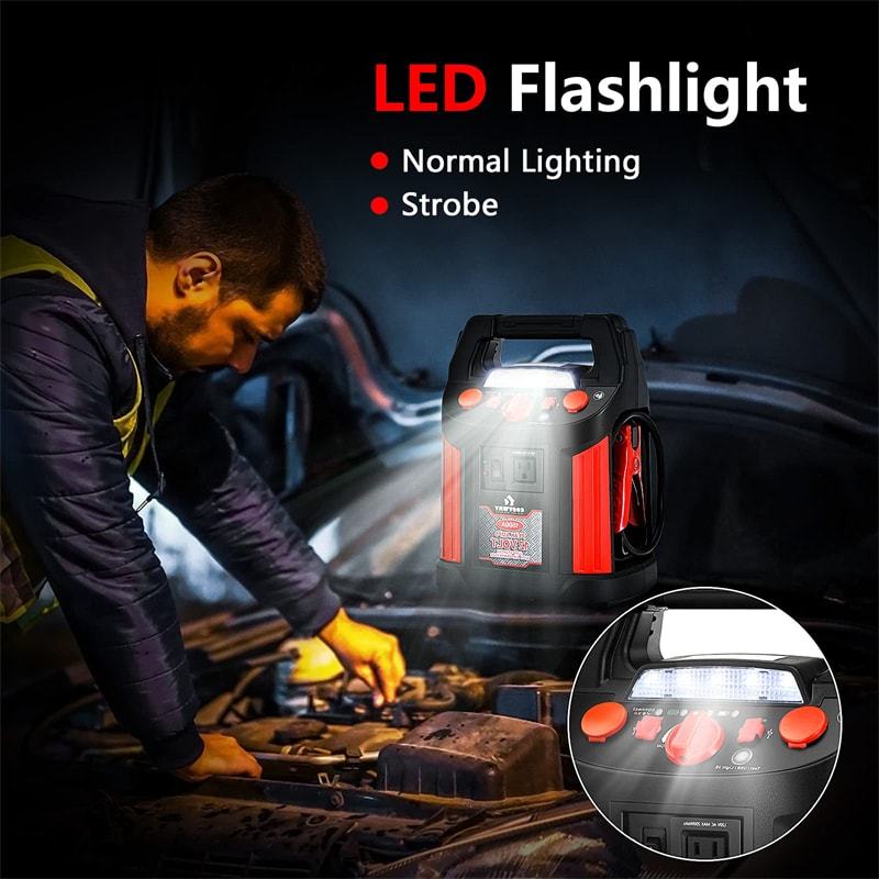 1500A Peak Jump Starter, 180 PSI Air Compressor, Portable Power Bank with 2 USB Ports, Smart Clamps & LED Flashlight for Car Battery & Emergency Use