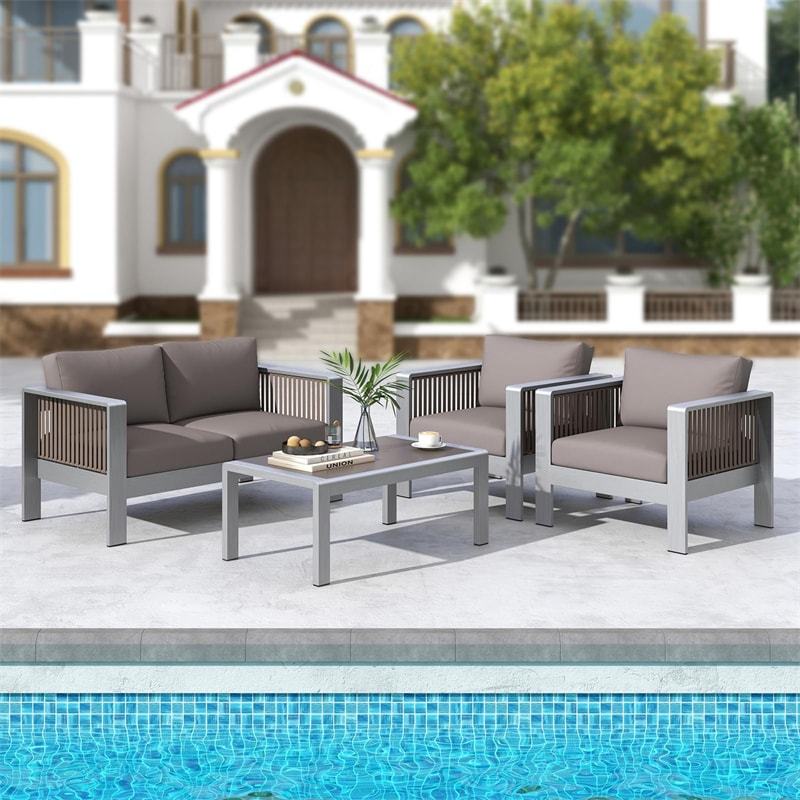 2PCS Aluminum Single Sofa Outdoor Club Chair Alloy Patio Accent Chair Garden Armchair with Thick Back & Seat Cushions
