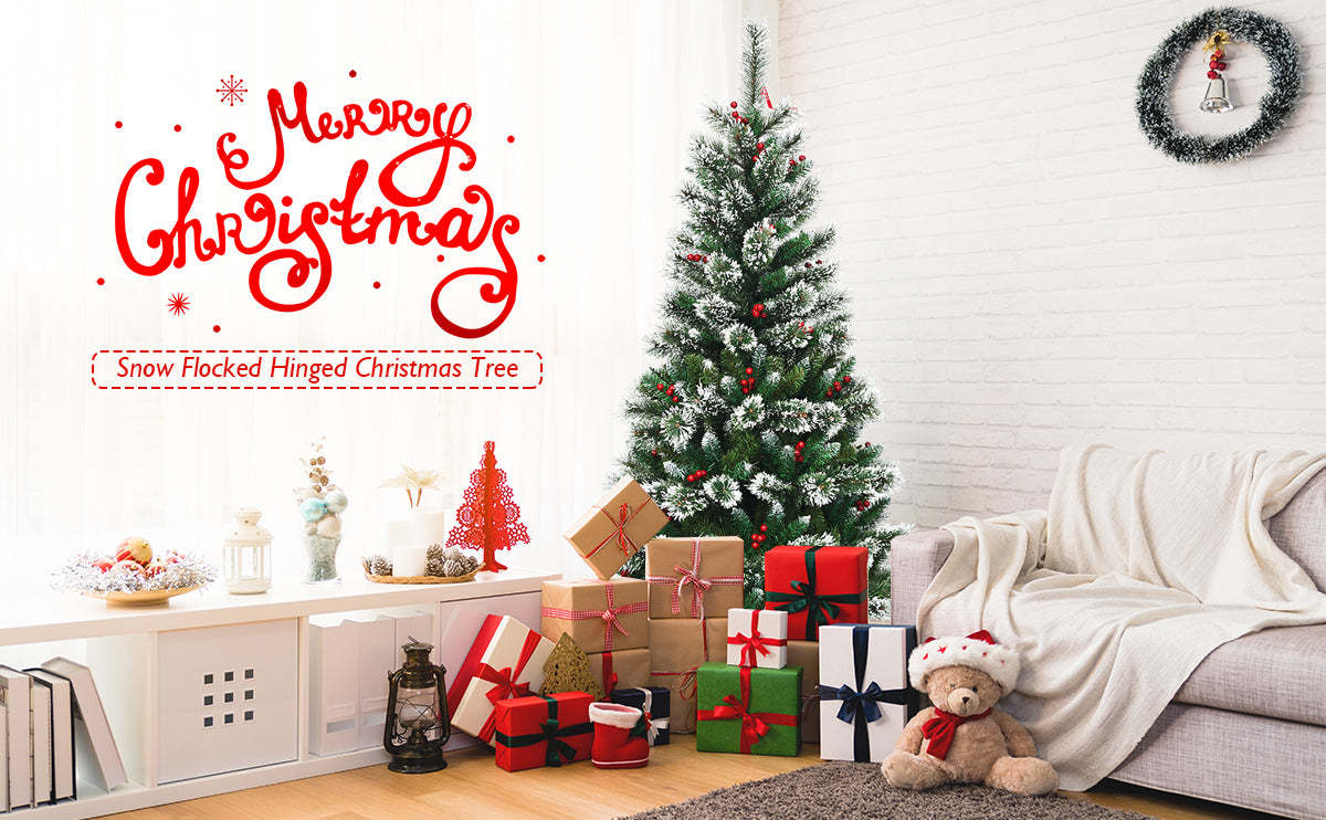 7ft Snow Flocked Higned Artificial Pencil Christmas Tree with Red Berries