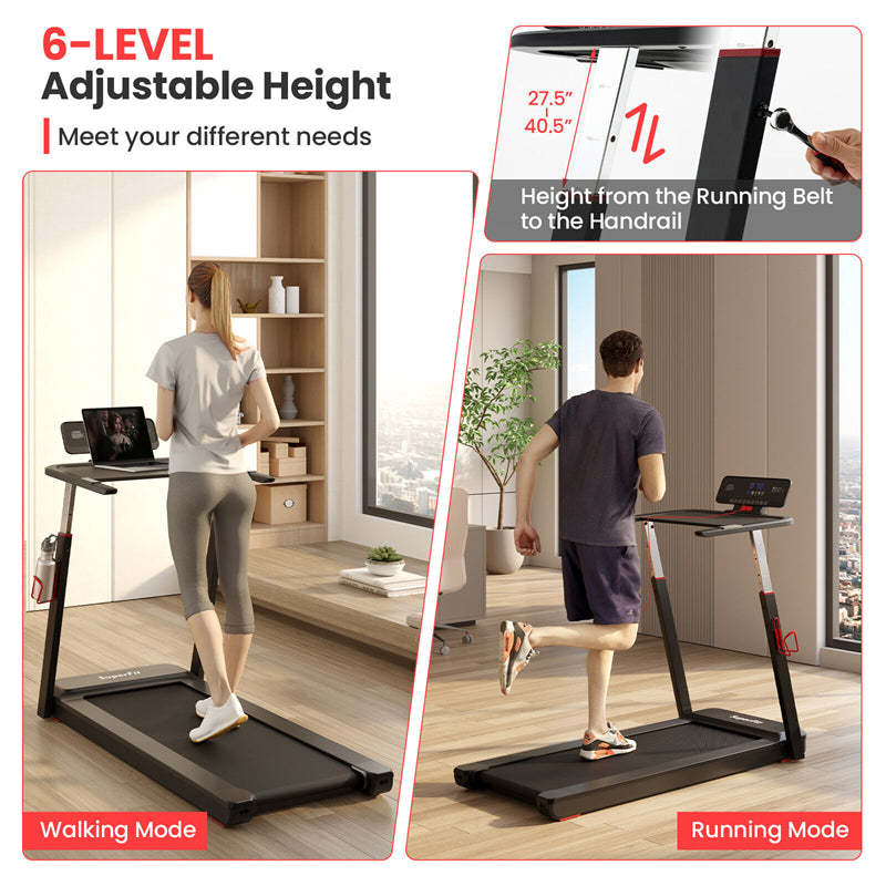 3HP Folding Treadmill w/Desk, Adjustable Height, APP Control, LED Display & 25 Preset Programs, Compact Walking Running Machine for Home Office