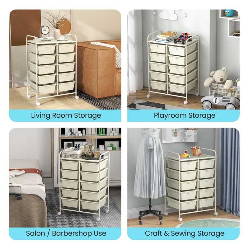 10 Drawer Rolling Cart, Storage Cart Organizer with Wheels, Mobile Utility Cart for Classroom, Office, Home, Craft, Art, Paper, Salon