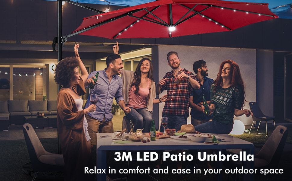 10 FT Patio Cantilever Tilt Umbrella Offset Umbrella with Solar Lights & Crossed Base
