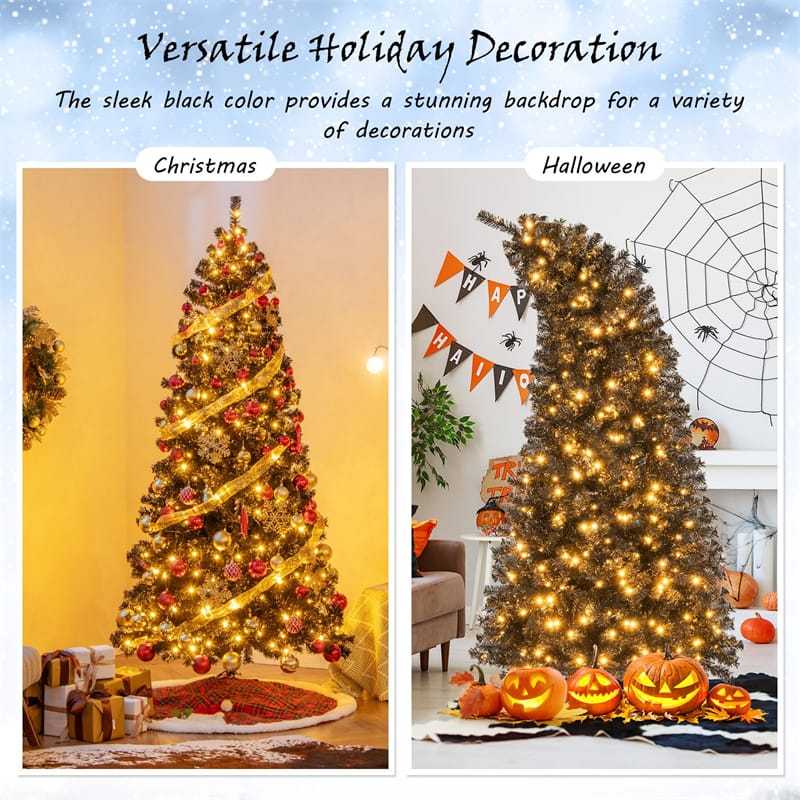 6FT/7FT Artificial Christmas Tree Pre-Lit Black Halloween Tree with Adjustable Treetop, Warm White LED Lights, PVC Branch Tips, Metal Stand