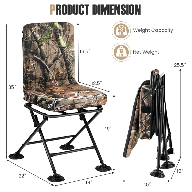 360° Swivel Hunting Chair, Portable Folding Ground Blind Chair w/All-Terrain Duck Feet, Padded Cushion 330LBS Capacity for Deer Hunting Camping