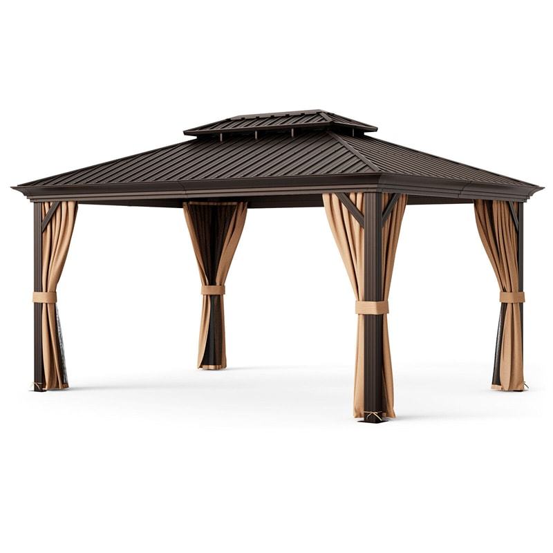 12' x 16' Double-Roof Hardtop Gazebo with Galvanized Steel Roof, Curtains & Netting, Aluminum Outdoor Permanent Gazebo Pavilion for Backyard Patio