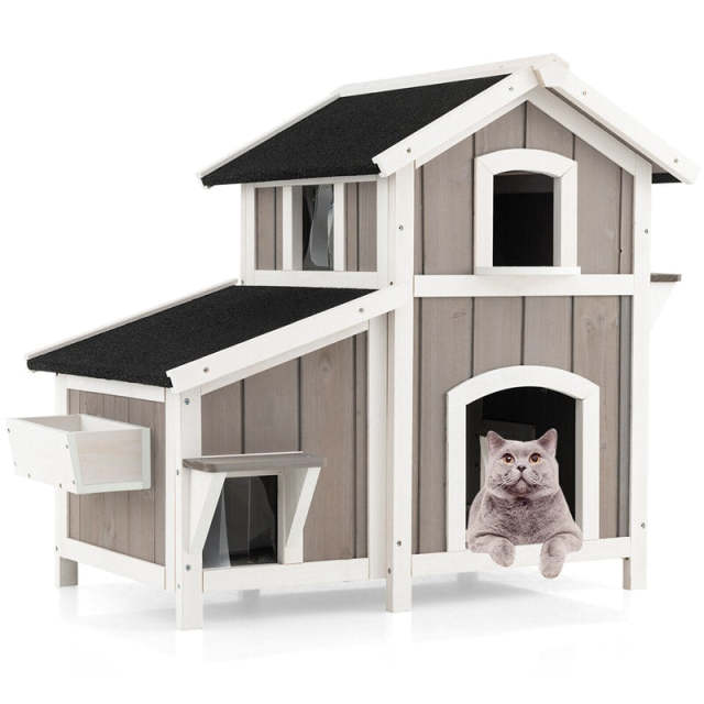 2-Story Outdoor Cat House, Wooden Feral Cat Shelter with Escape Doors, PVC Curtains, Weatherproof Asphalt Roof, Kitty Shelter Condo for Balcony Patio