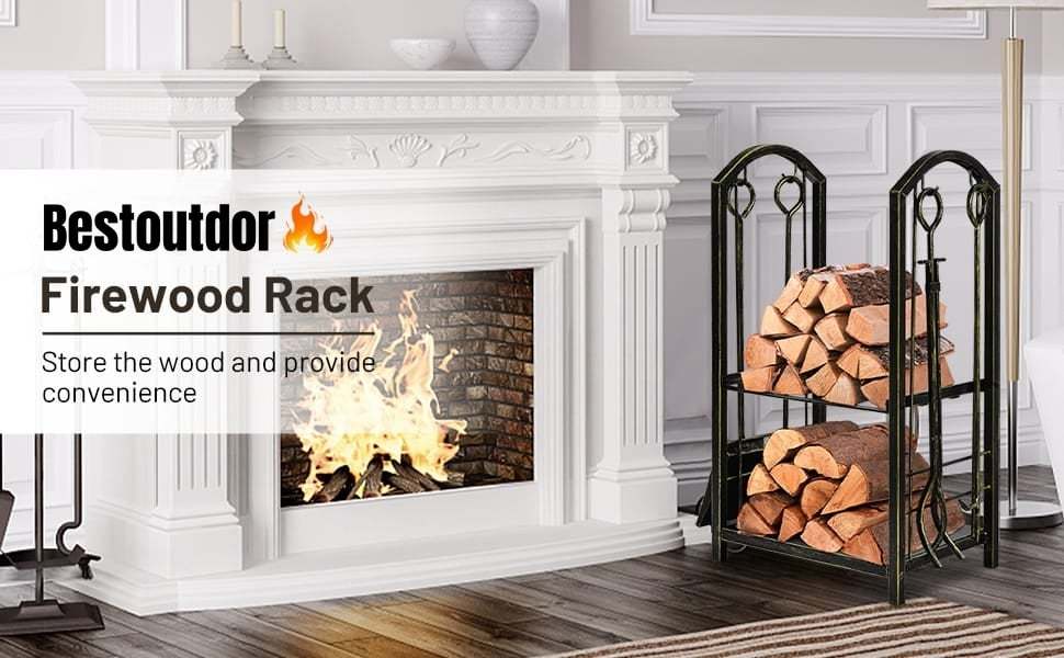 Firewood Rack with 4 Fireplace Tools Set, Wrought Iron Log Rack Wood Storage Firewood Holder for Outdoor Indoor