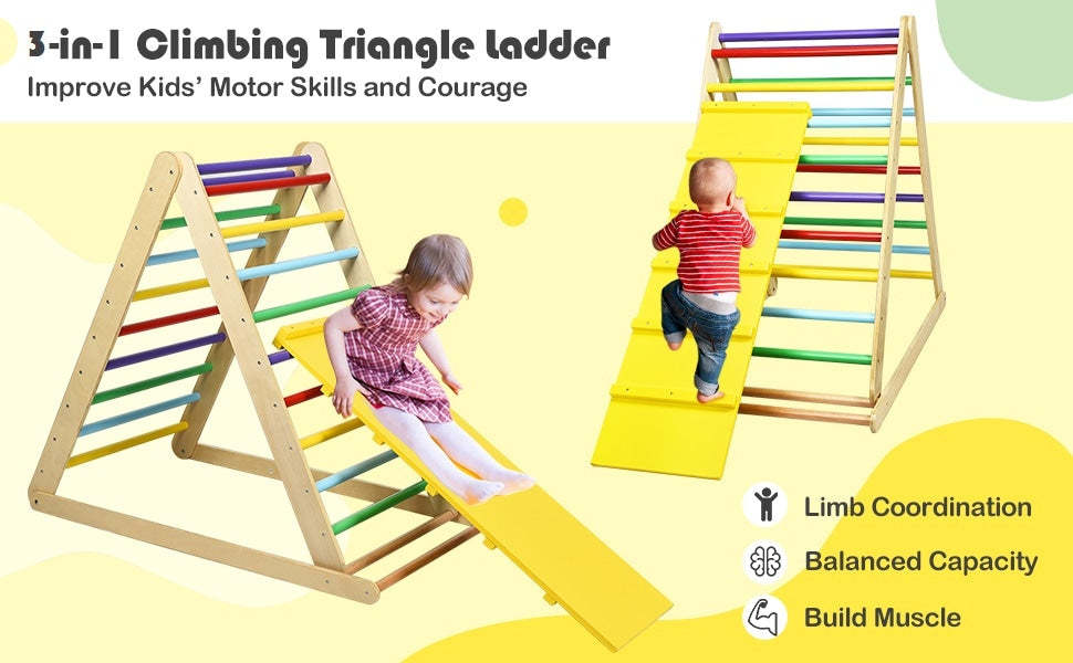 Foldable Wooden Climbing Pikler Triangle Toddler Climber Ladder with Climbing Ramp