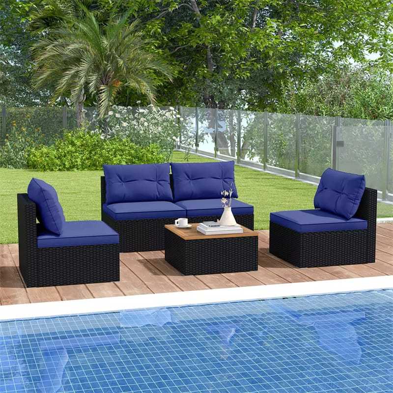 5 Piece PE Rattan Patio Sofa Set with Acacia Wood Top Coffee Table, Seat & Back Cushions, Wicker Outdoor Sectional Furniture for Backyard Garden