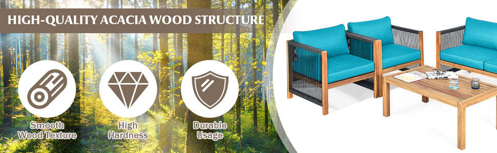 4 Piece Outdoor Acacia Wood Patio Conversation Sofa Set with Coffee Table & Cushions