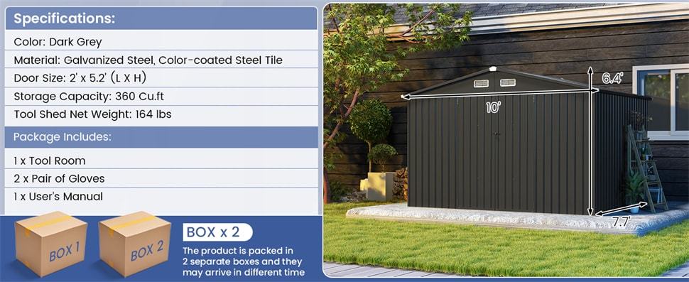 10' x 7.7' Outdoor Metal Storage Shed Galvanized Steel Utility Tool Storage House Waterproof Garden Shed with 4 Vents Lockable Doors