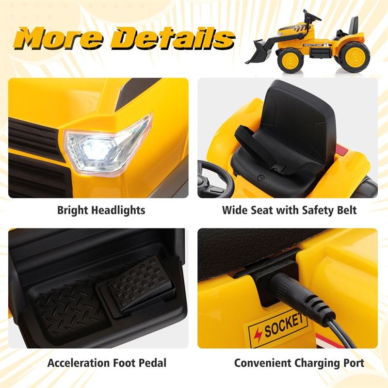 12V Electric Kids Ride On Excavator RC Bulldozer Construction Vehicle Wheel Loader Digger with Adjustable Digging Bucket & Headlights