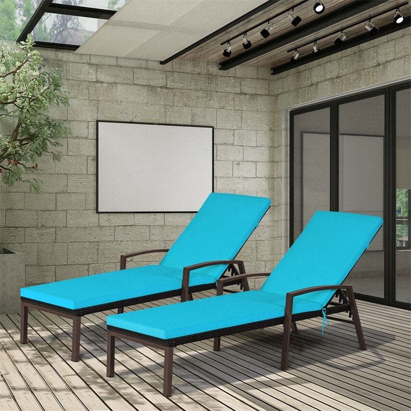 2PCS Wicker Outdoor Chaise Lounge Chairs with Cushions & 5 Adjustable Backrest, PE Rattan Patio Sun Loungers for Poolside, Backyard, Deck