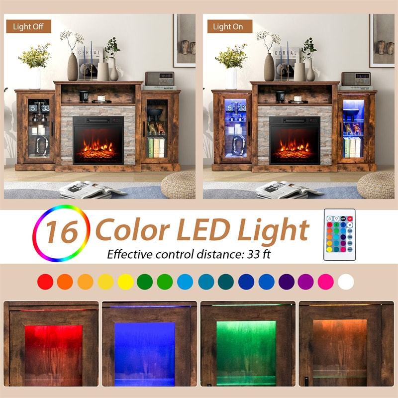 59" Fireplace TV Stand for TVs up to 65", Entertainment Center with LED Lights, 18" Electric Fireplace, Remote & APP Control, Glass Shelves