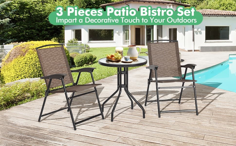 Bestoutdor 3PCS Patio Bistro Set Outdoor Folding Chairs with Round Tempered Glass Table, All Weather Garden Furniture for Poolside Yard