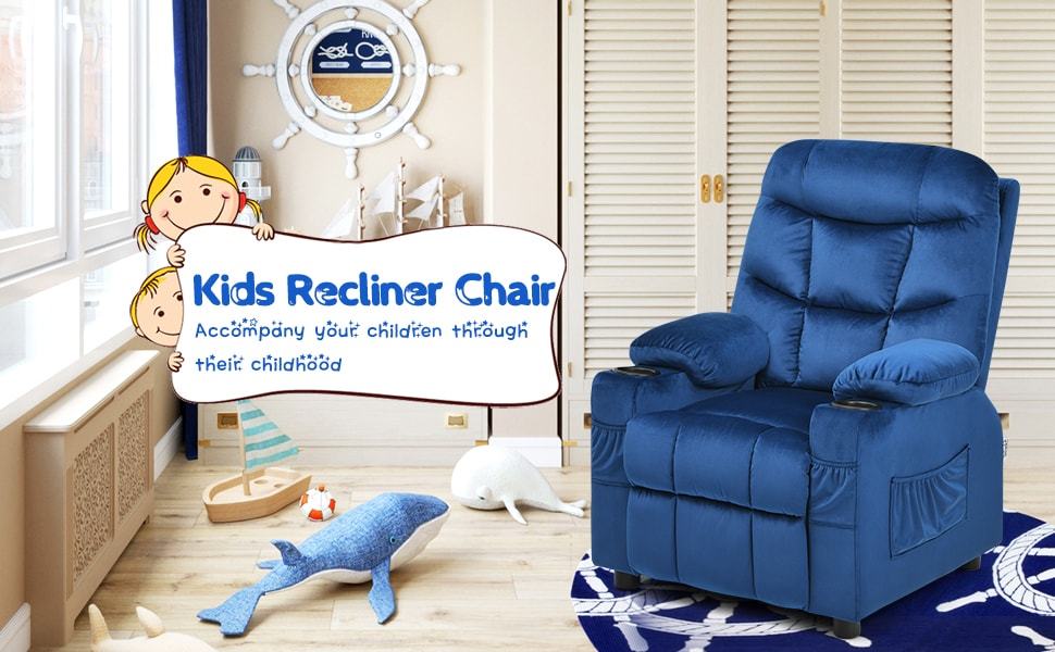 Kids Recliner Chair Adjustable Gaming Recliner Ergonomic Velvet Recliner with Cup Holder, Footrest & Side Pockets for Children Room