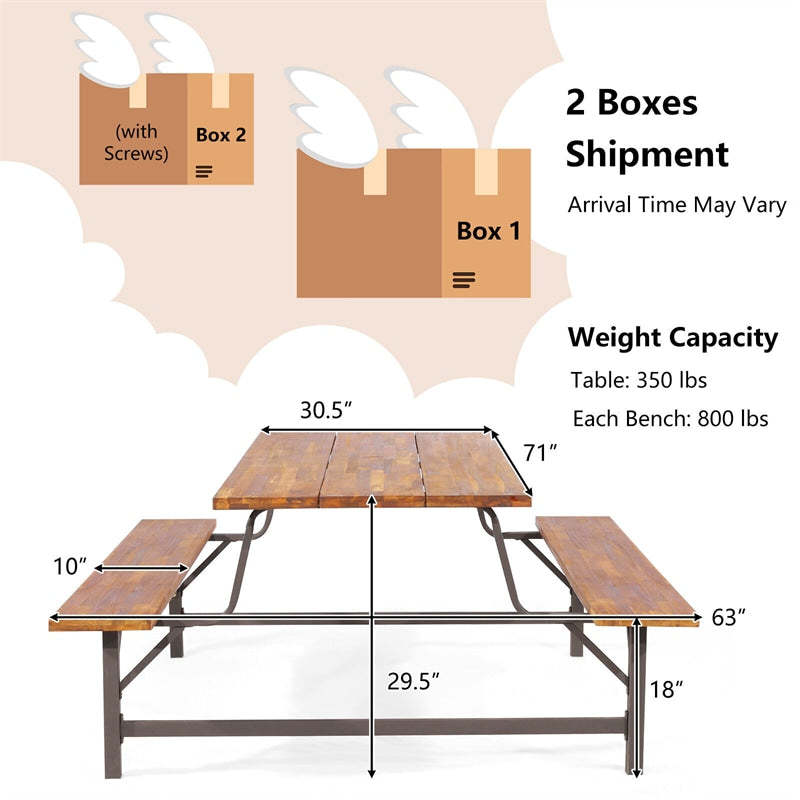 Acacia Wood Picnic Table Bench Set for 4-6 Persons, 6FT Large Camping Table Outdoor Dining Table with Built-in Benches, Umbrella Hole, 800Lbs Capacity