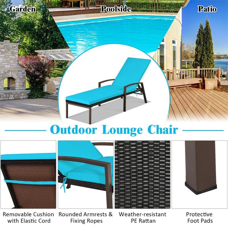2PCS Wicker Outdoor Chaise Lounge Chairs with Cushions & 5 Adjustable Backrest, PE Rattan Patio Sun Loungers for Poolside, Backyard, Deck