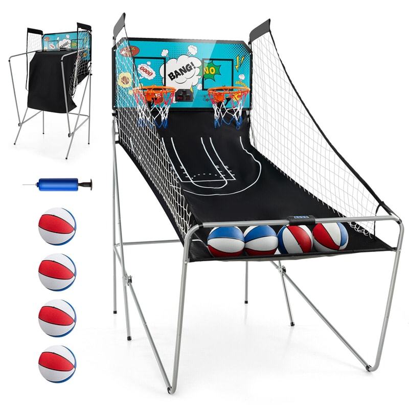 Folding Basketball Arcade Game, Dual Shot Basketball Hoop with 8 Game Modes, 4 Balls, LCD Scoreboard, Air Pump, Indoor Game for Kids & Adults