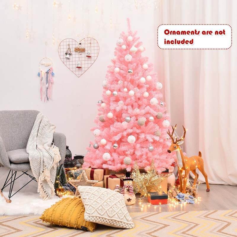 6FT Pink Artificial Hinged Spruce Full Christmas Tree with Foldable Metal Stand