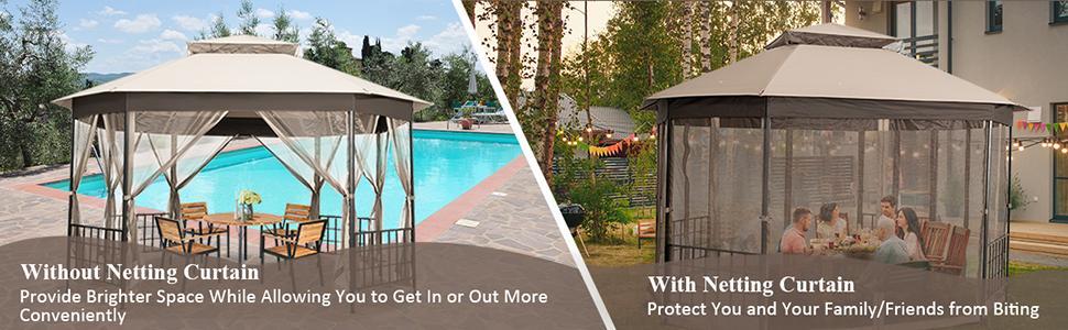 10’ x 12’ Heavy Duty Double Roof Octagonal Patio Gazebo Canopy with Netting Sidewalls
