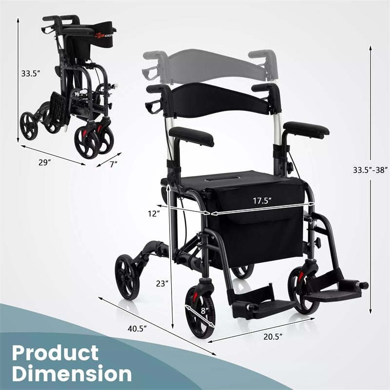 2-in-1 Folding Rollator Walker Wheelchair Combo with Backrest & Adjustable Height, 300lbs Aluminum Mobility Walking Aid for Seniors/Adults
