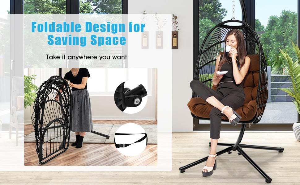 Swing Egg Chair Folding Hanging Basket Chair PE Rattan Hammock Chair with Steel Stand, Waterproof Cover, Removable Pillow & Cushion