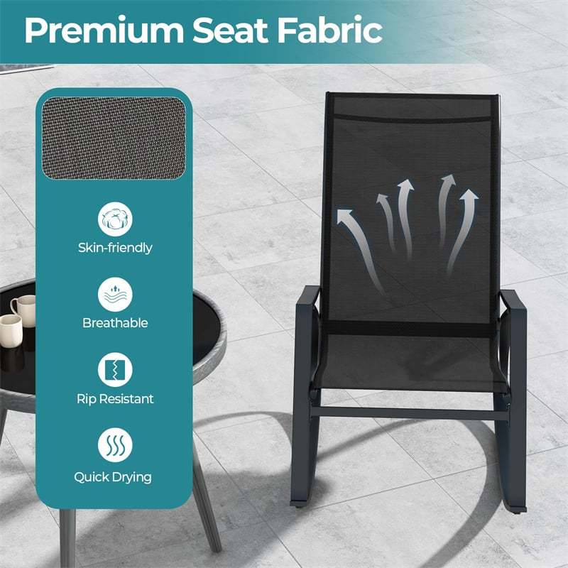 2PCS Outdoor Rocking Chairs, Patio Sling Fabric Rocker with Ergonomic Backrest & Seat, Safe Stoppers & Metal Frame for Backyard, Front Porch