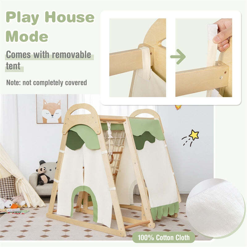 7-in-1 Toddler Climbing Toys Wooden Montessori Kids Indoor Playground Jungle Gym with Slide, Climbing Net & Removable Tent
